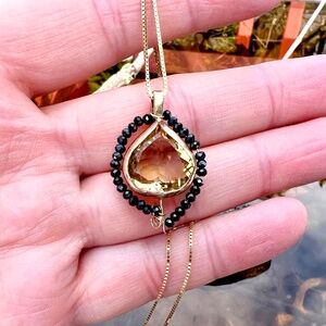 Natural Black Spinel Citrine Pendant Solid 14k Yellow Gold - no Chain